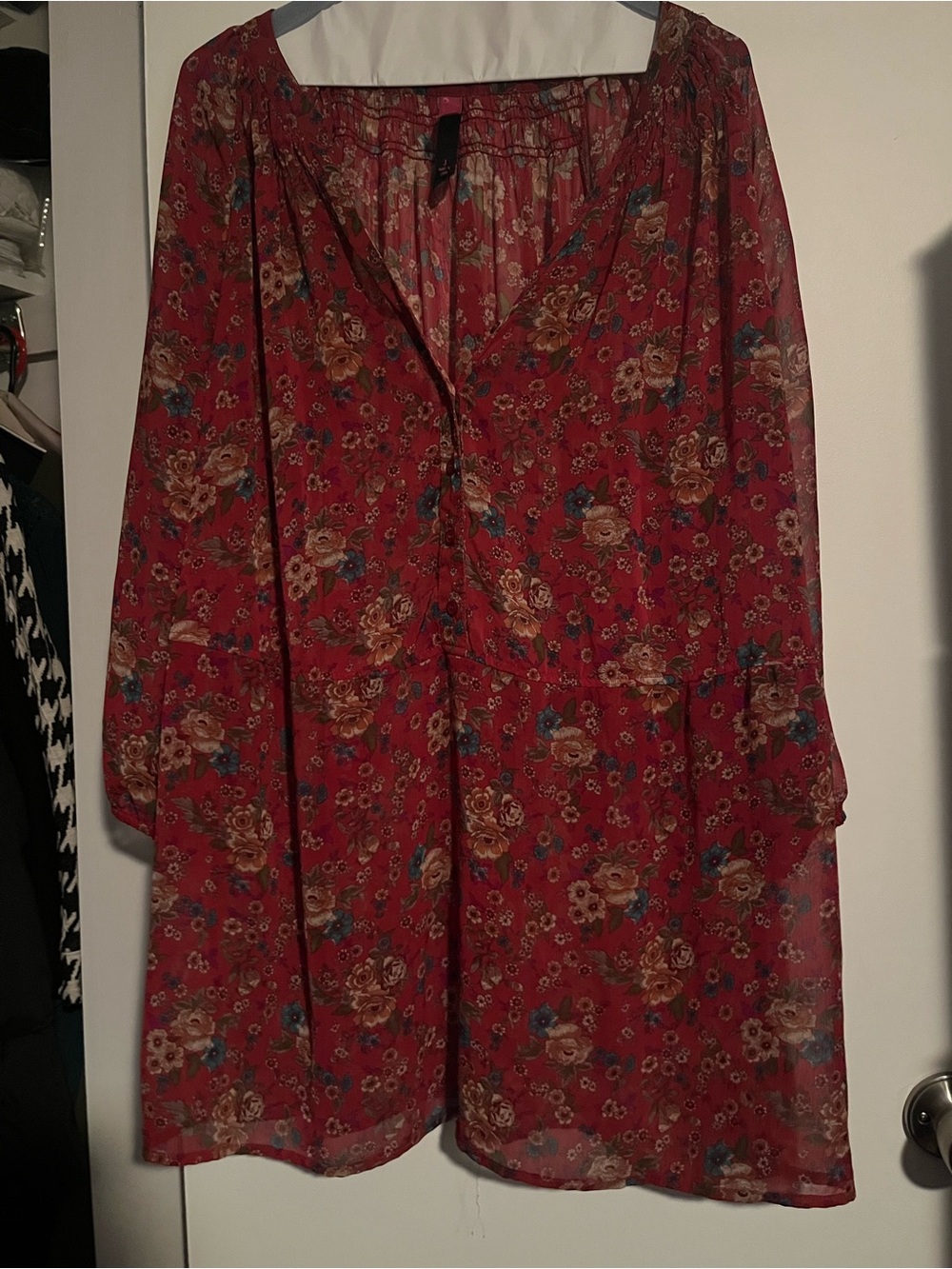 Pure Energy Red Floral Long Sleeve Peasant Top